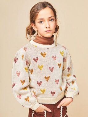 Mipounet Cream Heart Knit Sweater with Multicolor Hearts